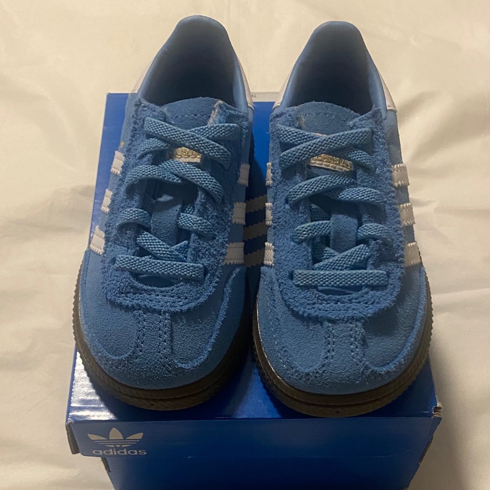 adidas Kids Light Blue Suede Sneakers with White Stripes